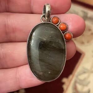 Sterling Silver 925 Labradorite/Red Corall Oval Large Pendant